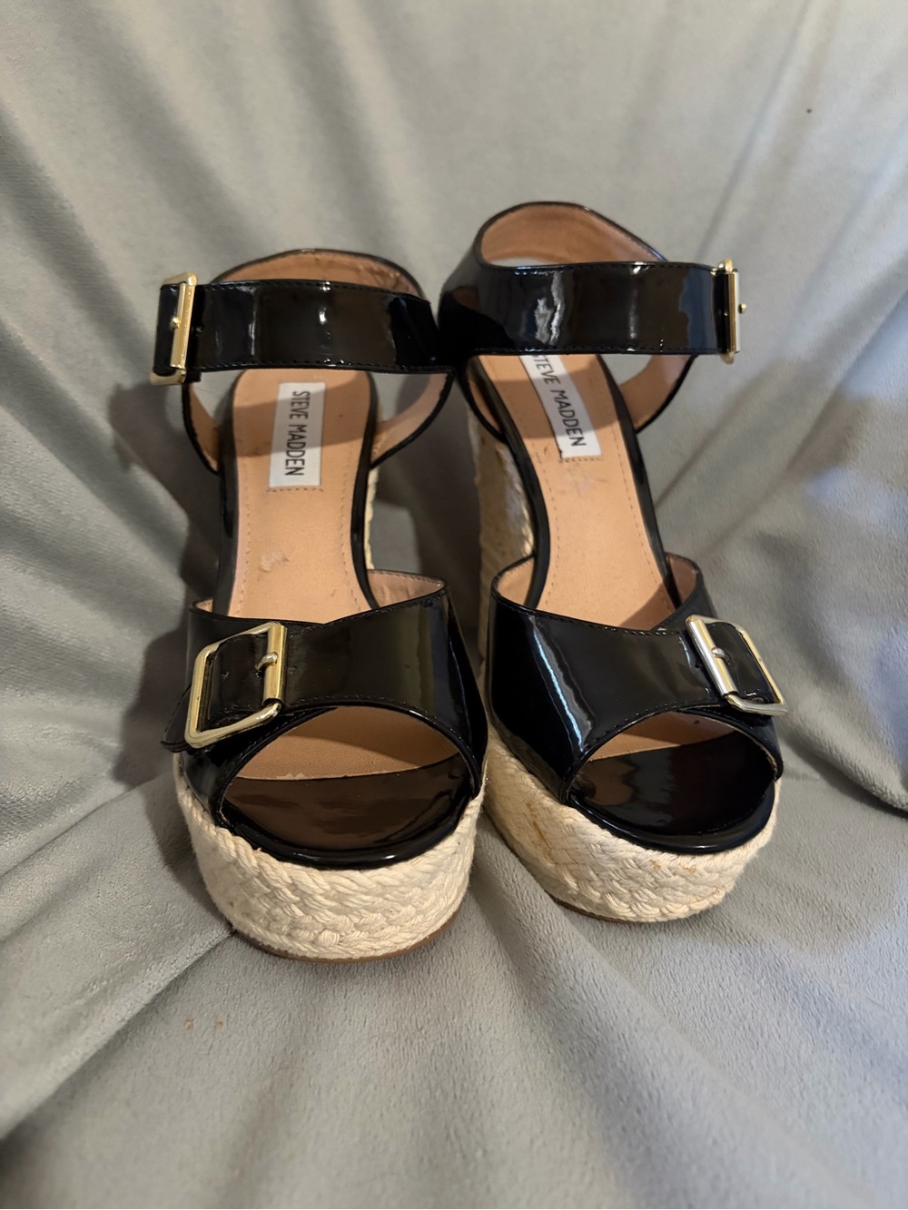 Steve Madden Black Patent Espadrille Wedge Sandals with Gold Buckles
